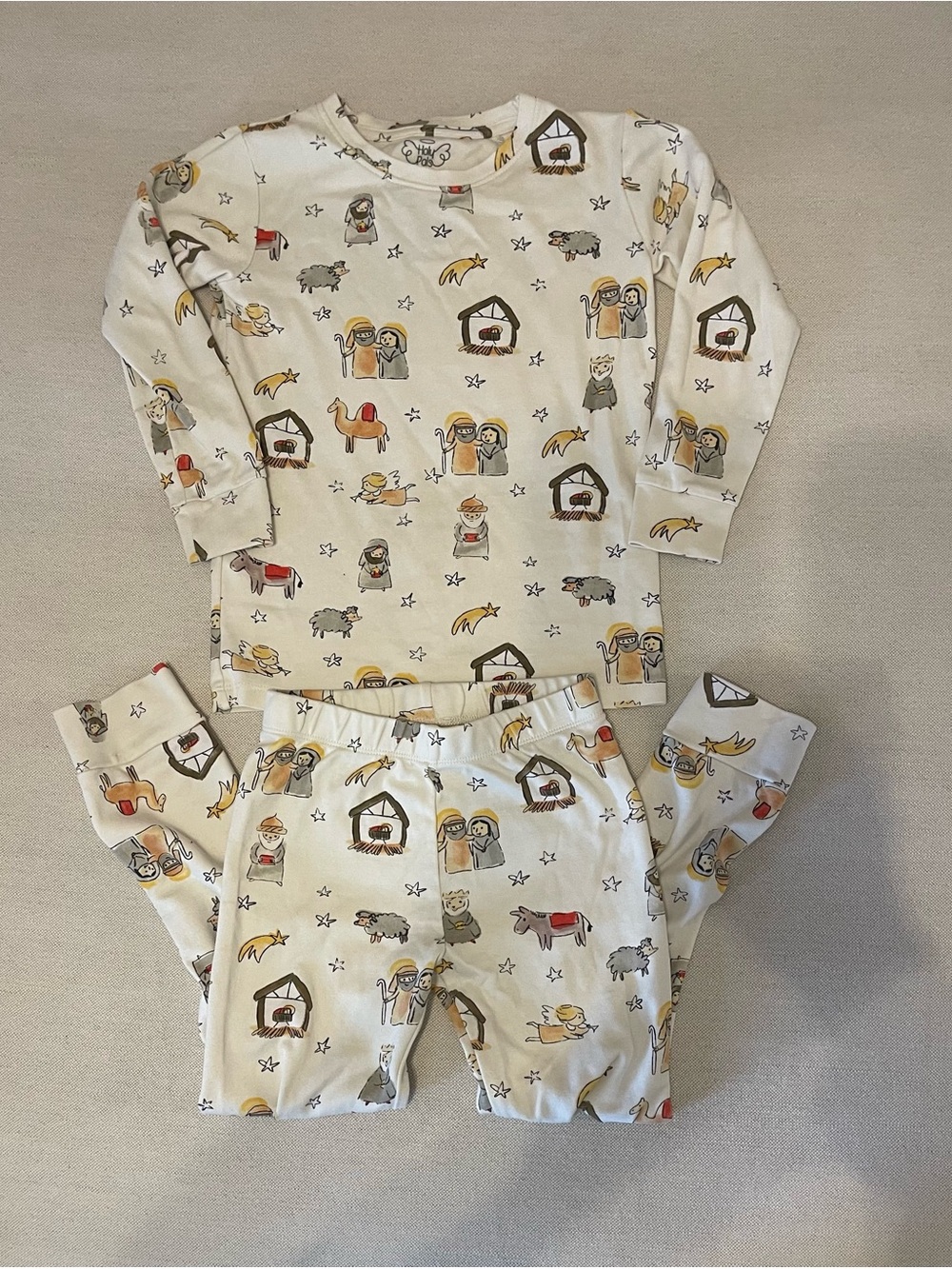 Kids Cream Nativity-Print Cotton Pajama Set